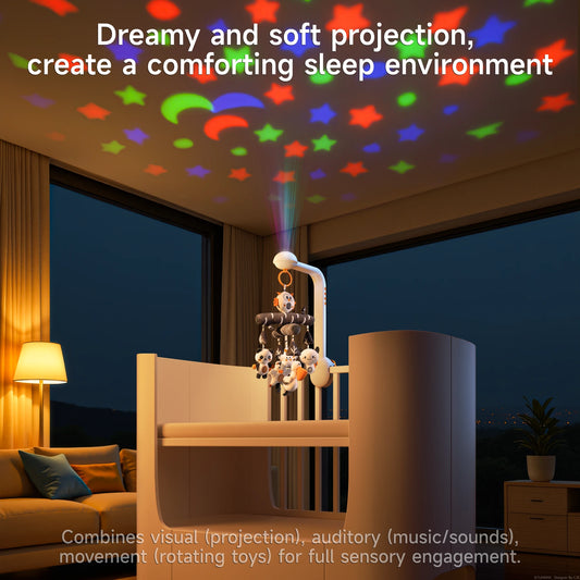 Dimly lit nursery with a white crib and clamp-on musical mobile projecting red, green, and blue stars and moons onto the ceiling, featuring hanging black-and-white plush woodland animals