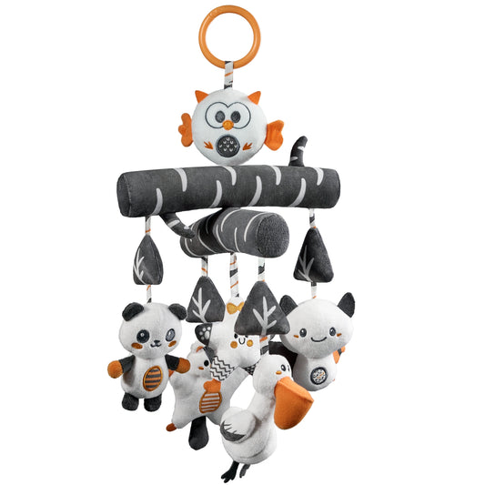 Black-and-white newborn crib mobile with an orange circular hanging ring above a plush birch-patterned branch, from which black-and-white fabric toys—a panda, star, flying mouse, pelican, and bat—dangle.