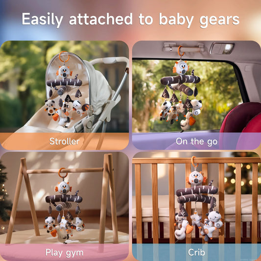 Collage of the black-and-white newborn mobile clipped by its orange ring to various baby gear: hanging inside a stroller hood, from a car grab handle (‘On the go’), suspended on a wooden play gym frame, and attached to a crib rail, illustrating its easy versatility.