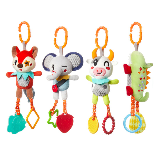 Four colorful plush baby toys with animal characters (fox, mouse, cow, and dinosaur), each hanging from an orange plastic clip and featuring textured teething rings in various shapes and colors.