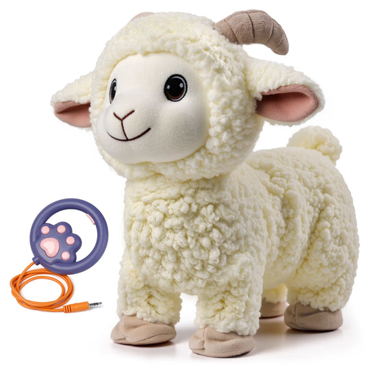 Interactive stuffed lamb toy with fluffy white fur and brown horns, shown standing upright with a cheerful expression. Includes a purple paw-shaped controller with an orange cord.