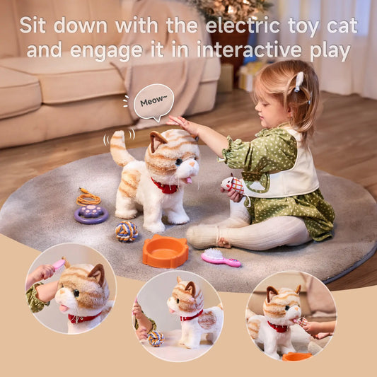 Young girl playing with an interactive electric walking toy cat on a carpeted floor, surrounded by accessories including a toy mouse, food bowl, grooming brush, rope ball, and remote control; toy cat meows and wags its tail during play.