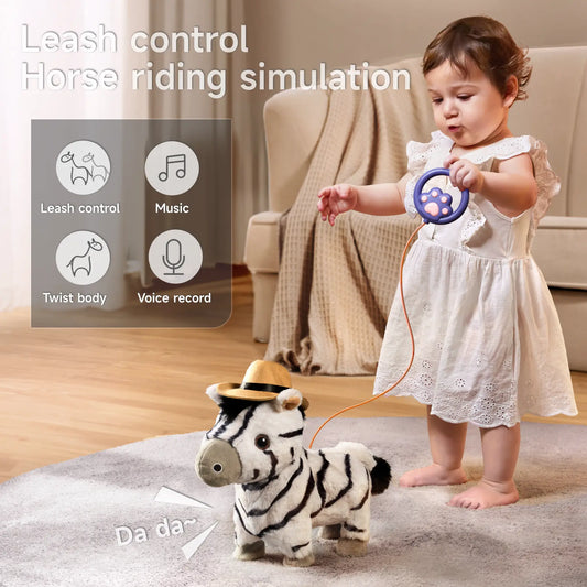 Toddler holding a purple paw-shaped leash controller attached to a zebra plush toy wearing a tan cowboy hat. The toy appears to walk forward on a carpeted floor with the text 'Da da~' indicating sound. Overlay icons and text highlight features like leash control, music, twist body, and voice recording, emphasizing the toy's horse riding simulation and interactive play.