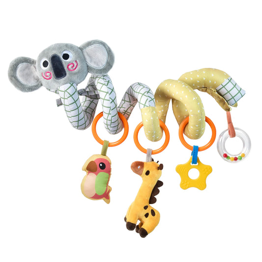Colorful baby spiral activity toy featuring a plush koala head, wrapped in soft patterned fabric, with four hanging toys: a pink and green bird, a yellow giraffe, a yellow star-shaped teether, and a transparent rattle ring with beads, attached by orange plastic loops.