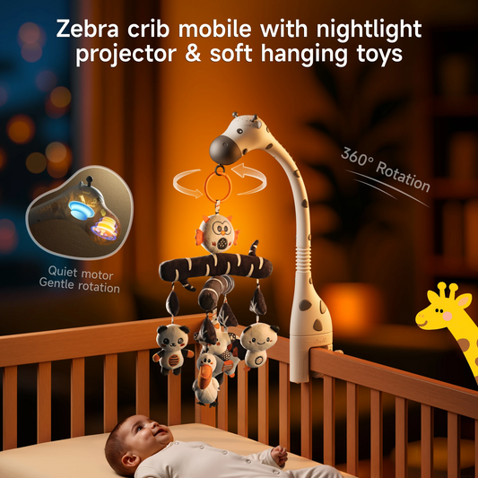 Zebra-themed crib mobile with nightlight projector, soft hanging animal toys, and 360-degree rotation, mounted on a wooden crib with a baby looking up at it.