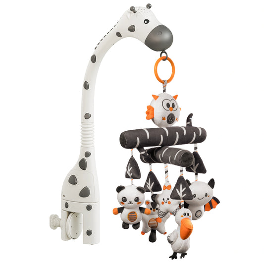 White and white Zebra-shaped bassinet mobile with hanging black, white, and orange plush animal toys, featuring music and star projection light.