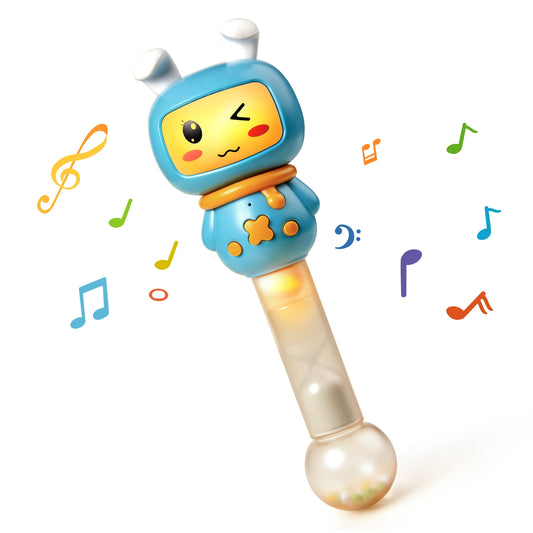 Blue bunny-shaped baby musical rattle with a cute face and teether bunny ears. The handle lights up, and the transparent ball at the bottom contains small beads that make sounds when shaken.