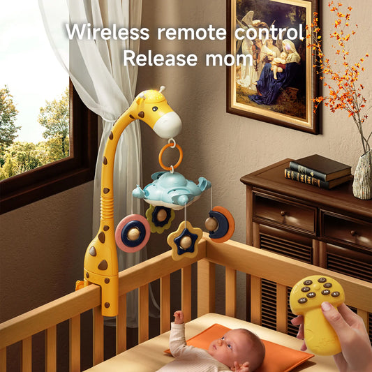 A baby lies in a wooden crib looking up at a giraffe-shaped crib mobile with hanging star and moon toys. A hand holds a yellow remote control to operate the mobile. The text above reads “Wireless remote control, Release mom.” The mobile is attached to the crib and designed to soothe and entertain the baby with music and motion.