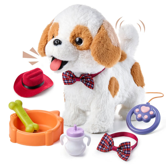 Interactive plush walking toy dog with brown spots, wearing a red plaid bowtie and wagging its tail. Accessories include a red cowboy hat, green toy bone in an orange pet bowl labeled 'TK', purple and white sippy cup, extra red plaid bowtie, and a purple paw-shaped remote control with a cord.