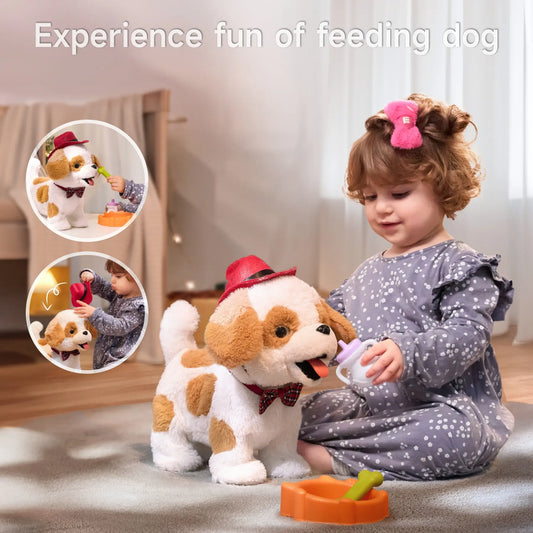 Young child in a grey polka-dot dress sitting on a rug, feeding a plush toy dog with a purple sippy cup. The dog wears a red plaid bowtie and red cowboy hat, with an orange bowl and green bone accessory nearby. Inset images show the child placing the hat on the dog and feeding it.