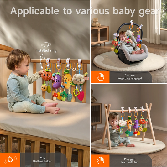 A set of colorful hanging baby toys attached to a crib, car seat, and play gym. The toys include fruit and vegetable characters with interactive features like rattles, crinkle sounds, and teething elements, making them ideal for various baby gear.