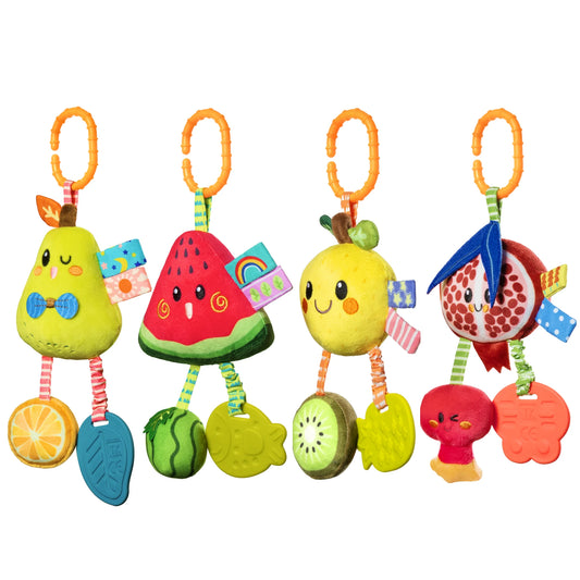Four fruit-themed plush sensory toys for babies, including a pear, watermelon, apple, and pomegranate. Each toy has colorful tags, dangling textured teethers shaped like fruit, and convenient orange hooks for attaching to strollers or car seats. Perfect for interactive play and sensory development.