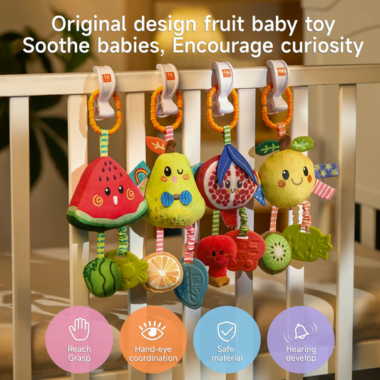 A set of four fruit-themed baby toys, including watermelon, pear, pomegranate, and apple, hanging from a crib. Each toy has vibrant colors, crinkly textures, and dangling teethers, with hooks for easy attachment. Icons below highlight benefits such as hand-eye coordination, sensory play, and safe materials.