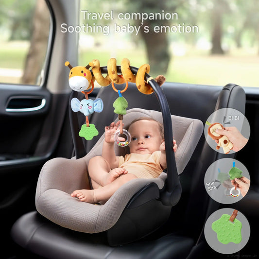 Baby in a car seat reaching for a giraffe spiral activity toy attached to the handle, featuring soft hanging plush toys including an elephant, tree, and rattle, with insets showing sound and touch features like 'Bi Bi' and 'Sha Sha' for sensory stimulation.