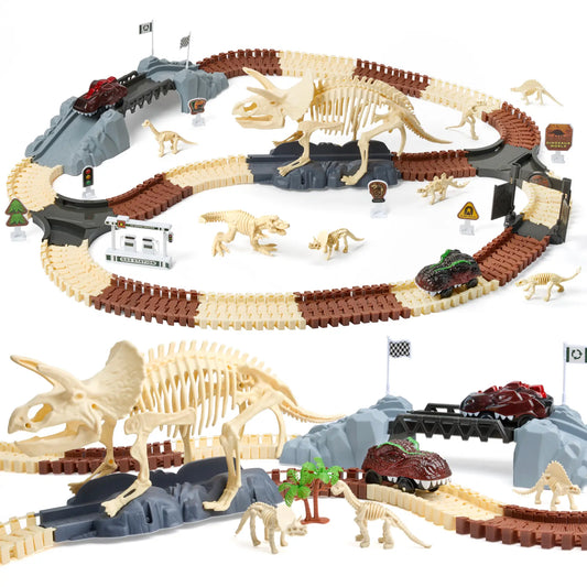 Dinosaur fossil-themed racetrack playset featuring interlocking brown and beige tracks, large skeletal dinosaur structures, mini dinosaur skeleton figures, toy vehicles, traffic signs, and accessories like rocks, palm trees, and flags, arranged in an adventure-style layout.
