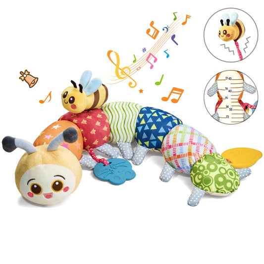 Colorful stuffed animal caterpillar toy with sensory features including rattle, teether, crinkle paper, squeaker, and soft plush segments, designed for infant and toddler development.