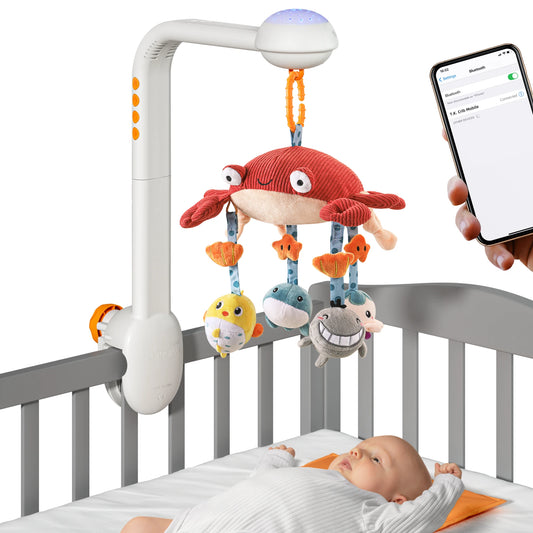 Smart baby crib mobile featuring a cute red crab plush with hanging sea animal toys, built-in lights, and music. Controlled via smartphone Bluetooth, it attaches securely to the crib and offers soothing sensory stimulation—ideal for baby shower gifts or nursery decor.