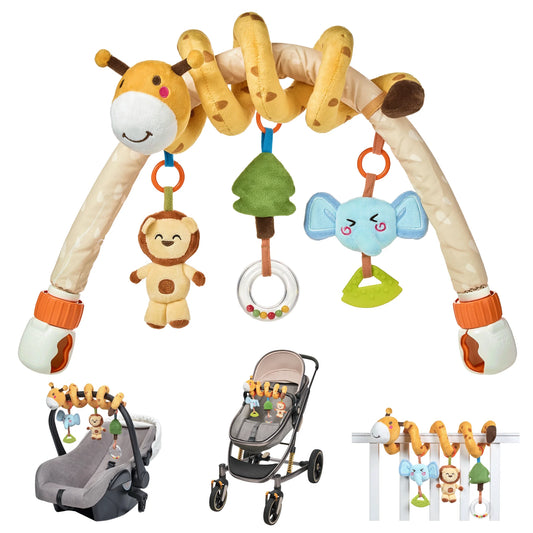 Baby stroller arch toy with a giraffe design, featuring soft hanging plush toys including a smiling monkey, green tree rattle, and blue elephant with teether. Attaches securely to stroller or car seat with orange clips, encouraging sensory play, grasping, and teething relief.