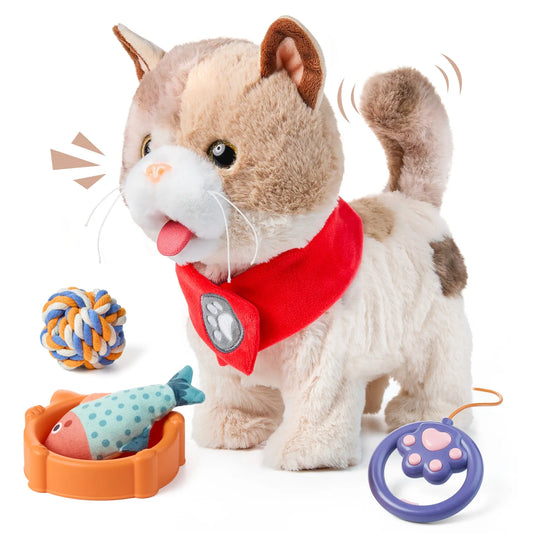 Interactive plush walking toy cat with light brown and white fur, wearing a red bandana with paw print, shown with a fabric fish toy in an orange bowl, a rope ball, and a purple paw-shaped leash controller.