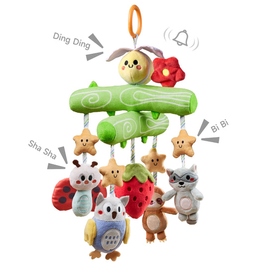 Woodland Animal Crib Mobile featuring a green tree branch design. At the top is a yellow plush bee and a red flower. Hanging from the mobile are cute plush toys including stars, a ladybug, an owl, a strawberry, a sloth, and a raccoon. Some toys make different sounds when shaken, such as "Ding Ding," "Sha Sha," and "Bi Bi." The mobile is colorful and designed for babies.