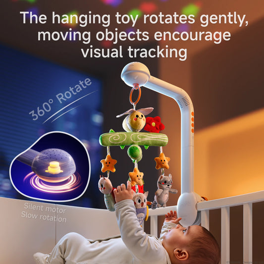 A crib mobile with a 360° rotating feature, showcasing plush toys like a ladybug, owl, raccoon, and sloth. The mobile has a silent motor, nightlight projector, and soothing melodies to encourage visual tracking and relaxation for babies.