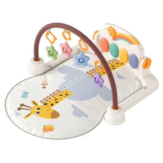 Colorful baby play gym with a giraffe-themed mat, soft arch bar holding hanging flower and rattle toys, and an interactive piano keyboard with multicolored buttons and a rainbow design on the back panel.
