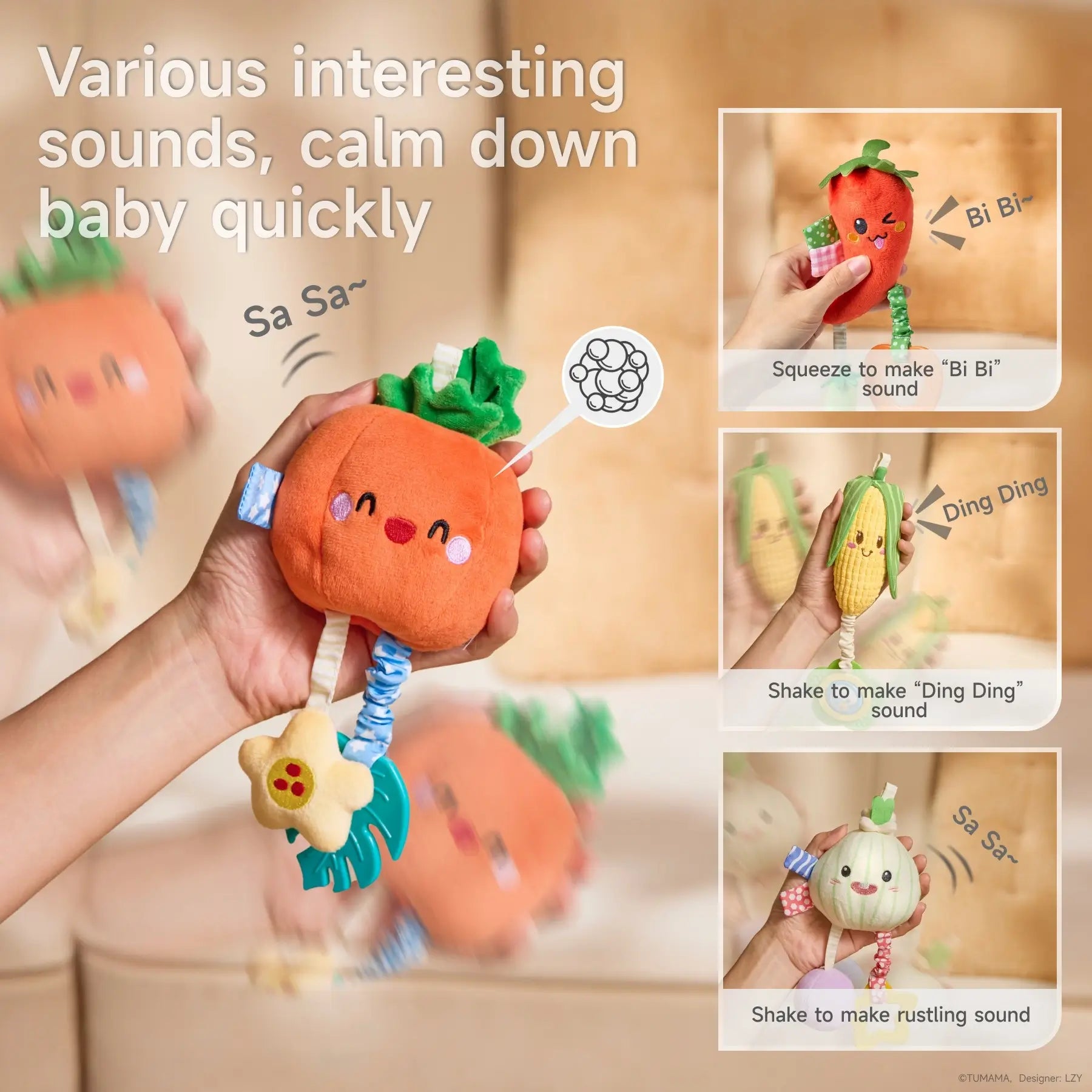 Hand holding plush pumpkin baby toy with sound effects, showing different play features: squeeze chili pepper toy for “Bi Bi” sound, shake corn toy for “Ding Ding” sound, and shake onion toy for rustling “Sa Sa” sound, designed to calm babies quickly with various sounds.