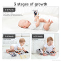 Infographic titled “3 stages of growth” showing babies playing with soft cloth books at different developmental stages.
• Top image: Baby (0–3 months) lying on a white bed, holding a high-contrast black and white cloth book overhead.
• Bottom left: Baby (3–6 months) crawling on the floor, playing with colorful soft books spread out.
• Bottom right: Baby (6–12 months) sitting on a couch, smiling while flipping through a soft cloth book with a plush zebra toy beside them.