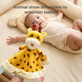 A baby lying on a bed, reaching out while someone holds a cute giraffe baby security blanket in the foreground. The text above reads, 