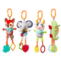 Four colorful plush baby toys with animal characters (fox, mouse, cow, and dinosaur), each hanging from an orange plastic clip and featuring textured teething rings in various shapes and colors.