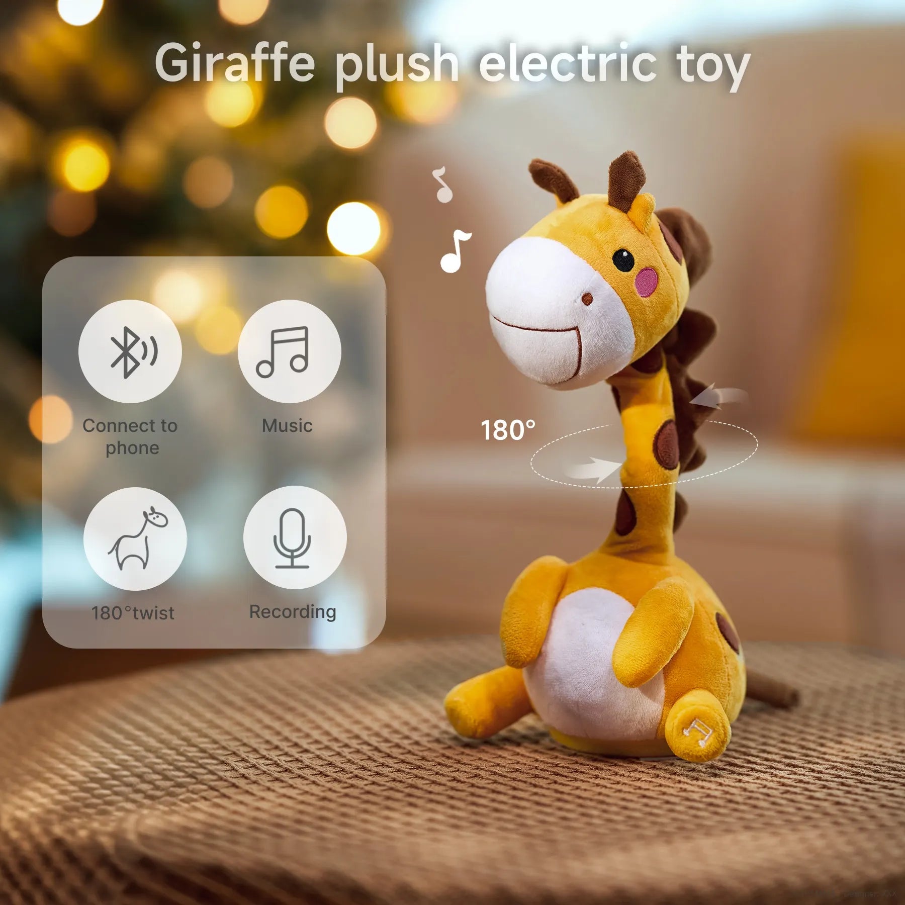 Giraffe plush electric toy displayed on a textured surface with a cozy background; features icons indicating Bluetooth phone connection, music playback, 180° neck twist, and voice recording capabilities.