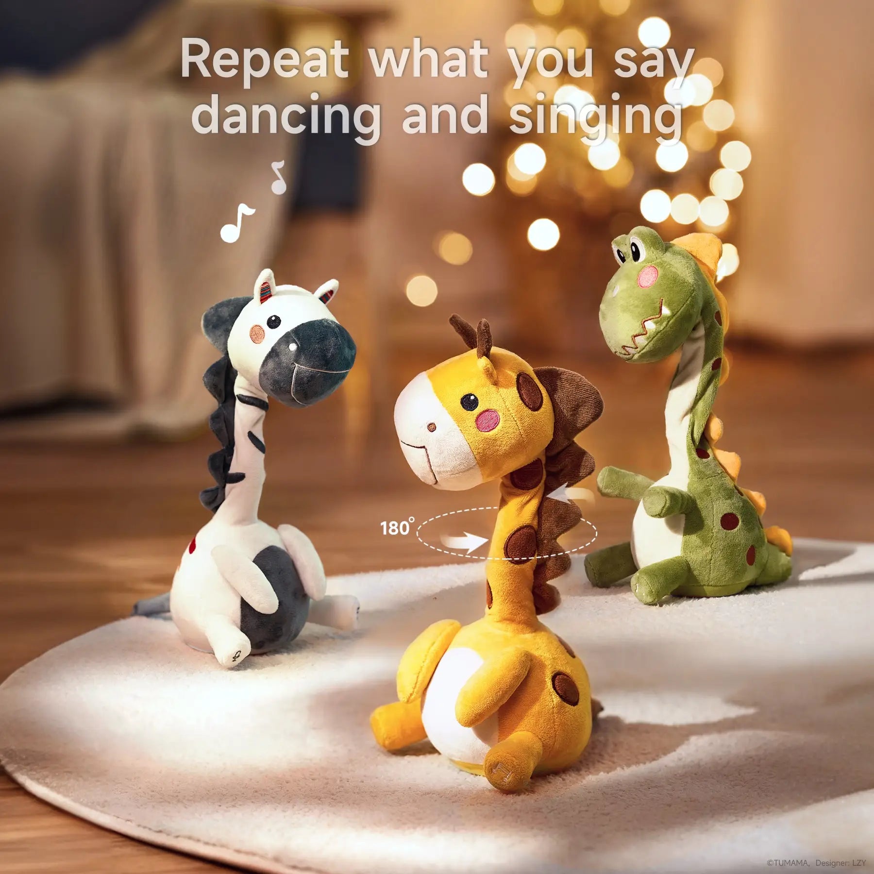 Three plush electric interactive toys — a zebra, a giraffe, and a dinosaur — sit on a soft rug in a cozy, warmly lit room with a decorated Christmas tree in the background. The giraffe’s head is shown with a 180° rotation symbol. Text on the image reads: “Repeat what you say, dancing and singing.”