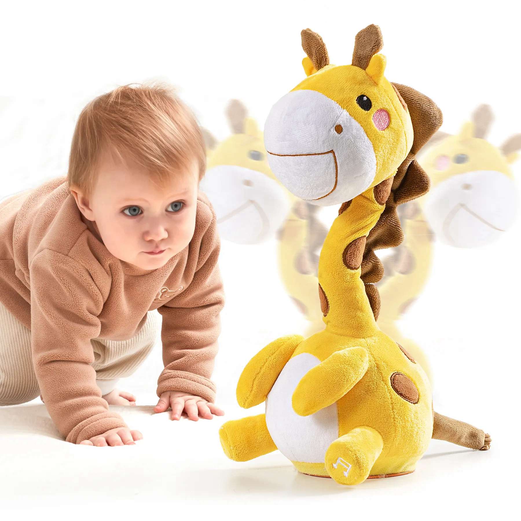 A baby in a brown outfit crawling on the floor next to a yellow giraffe plush electric interactive toy with a rotating neck. The background shows motion blur to emphasize the toy’s movement.