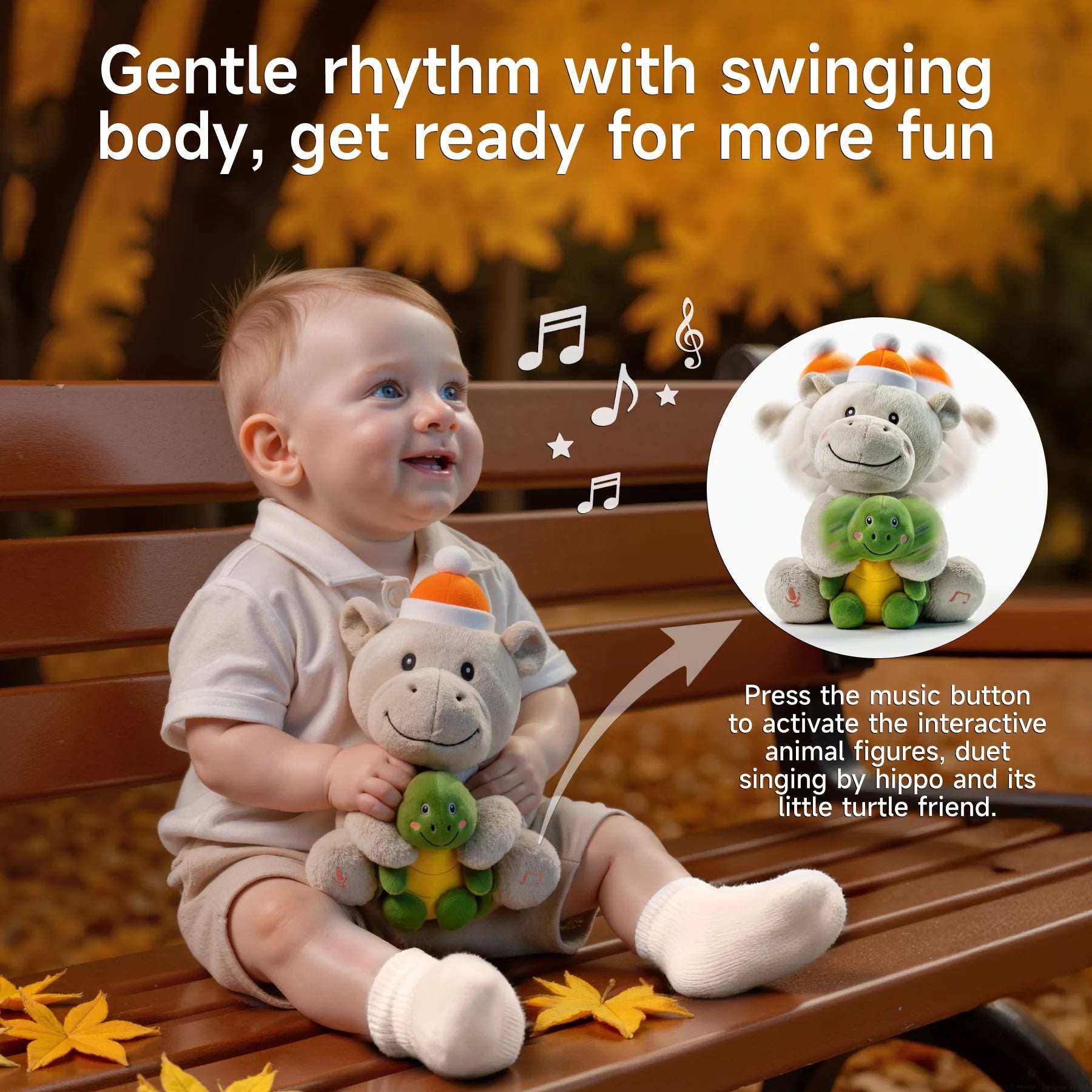 Happy baby sitting on a park bench holding an interactive plush hippo and turtle toy, with musical notes and instructions highlighting its duet singing and music-activated swaying feature.