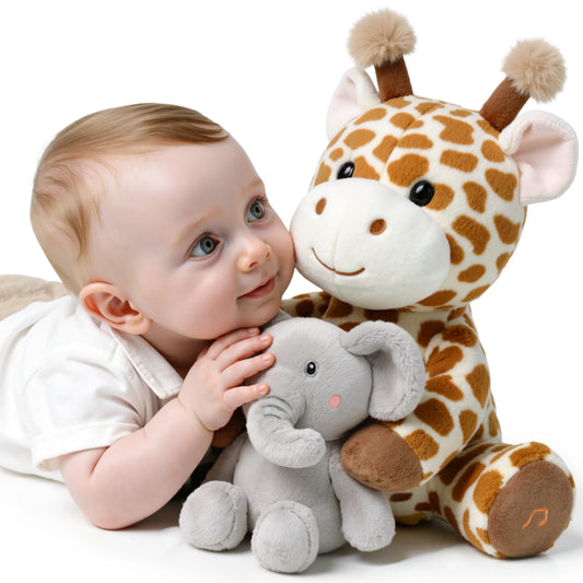 Smiling baby cuddling with a soft plush giraffe and elephant stuffed toy set on a white background; the giraffe features built-in sound functionality, ideal for interactive and comforting playtime.