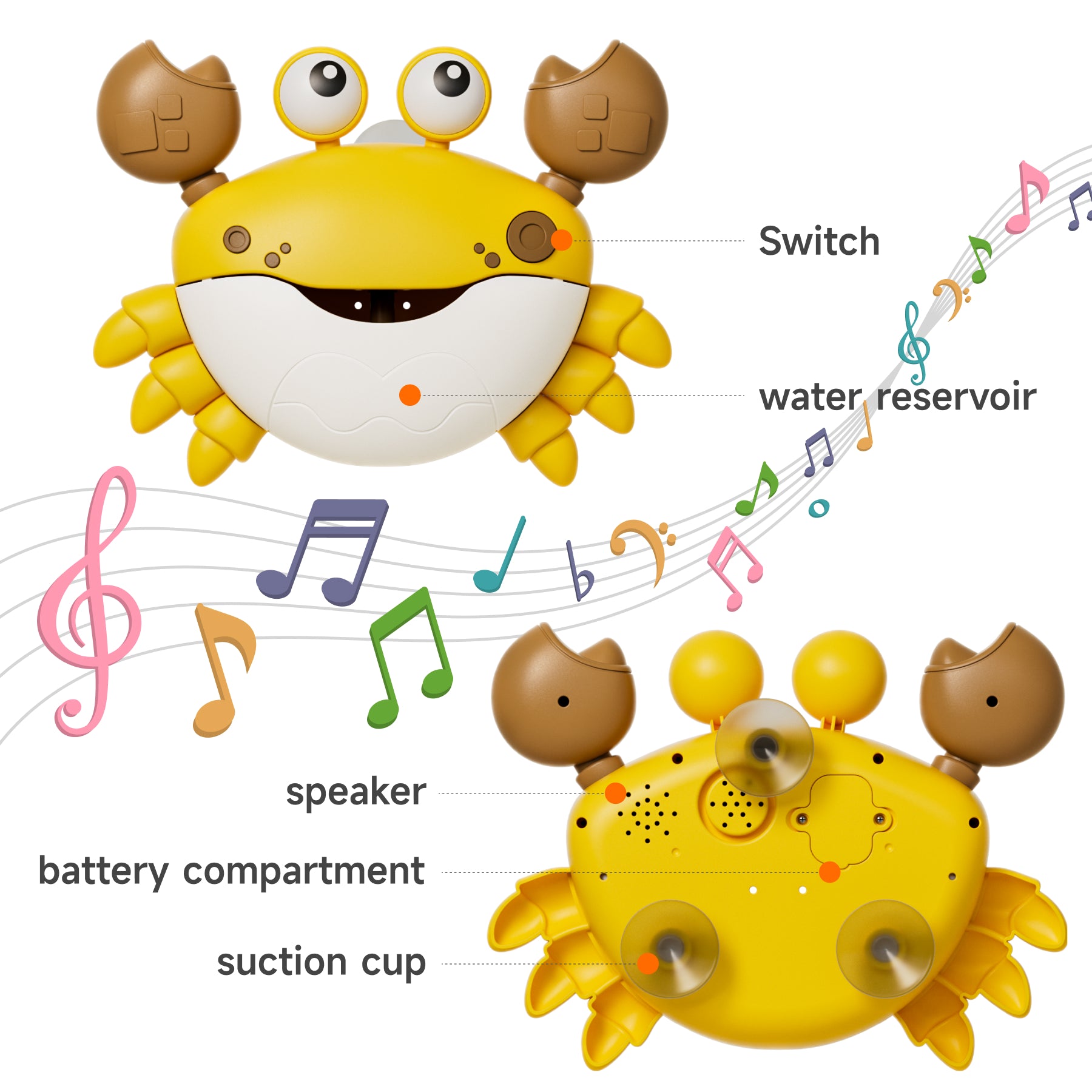Front and back views of a yellow crab-shaped musical bubble bath toy are shown with labeled parts. The front view highlights the power switch and water reservoir, while the back view identifies the speaker, battery compartment, and suction cups. Colorful musical notes surround the toy, emphasizing its playful sound features.