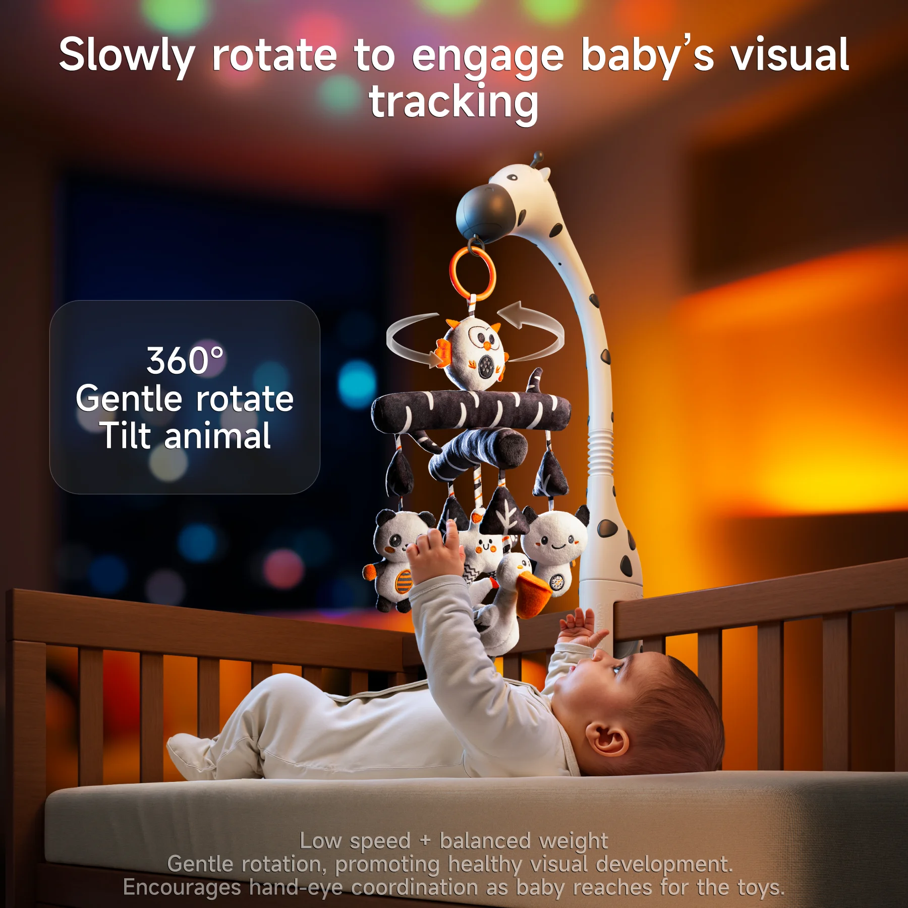 Baby lying in crib reaching for zebra-themed mobile with soft animal toys, gently rotating 360 degrees under warm ambient lighting.