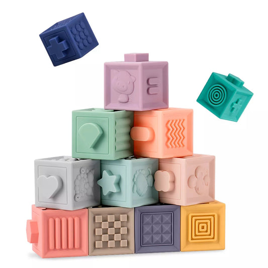 Numbers and shapes teether toy in baby blocks with soft textures