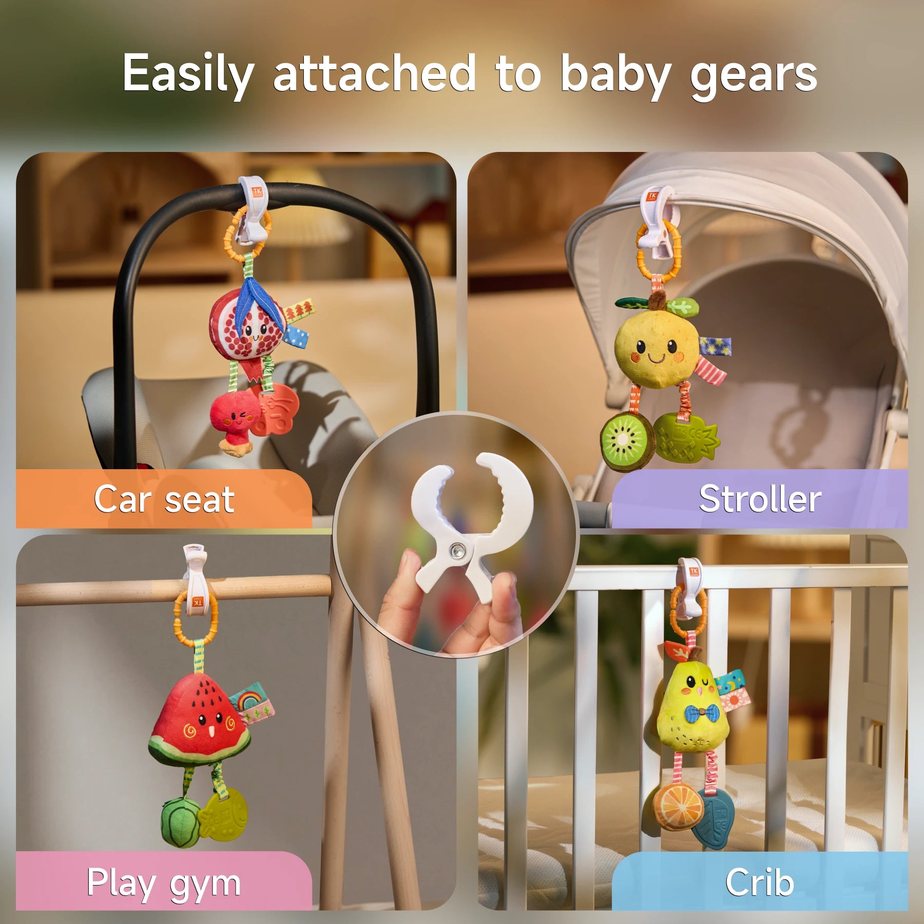 A collection of fruit-themed baby toys, including a pear, watermelon, apple, and pomegranate, with features like crinkle paper, textured teethers, and sound-making components. Text highlights sensory elements such as "bibi" sounds, shake-to-ring features, and bright, contrasting patterns for interactive play.