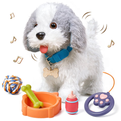 Interactive realistic plush toy dog with white and gray fur, wearing a blue collar with a bone tag, shown with accessories including an orange food bowl with a green bone, a colorful rope ball, a red and blue bottle, and a purple paw-shaped remote control; designed to walk and bark.