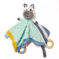 A baby security blanket featuring a plush zebra head, soft textured and striped fabric, colorful tags, and rubber teething rings attached at the corners.