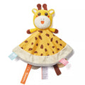 A baby security blanket featuring a plush giraffe head, yellow and brown spotted soft fabric, colorful tags, and rubber teething rings attached at the edges.
