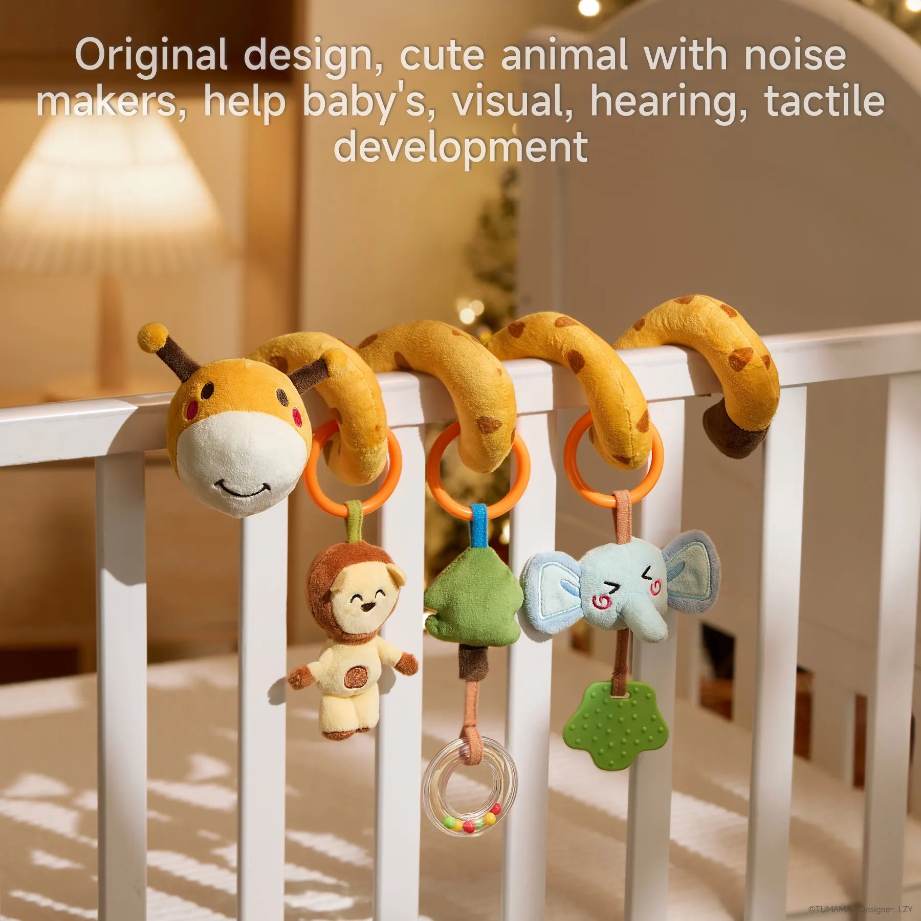 Plush giraffe-themed spiral toy wrapped around a white crib rail, featuring hanging soft animal figures and sensory elements like a rattle and teether, designed to stimulate baby's visual, auditory, and tactile development.