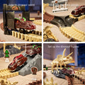 Four-panel collage showing interactive scenes of a dinosaur fossil race track set: a dino-shaped car entering the ‘Dinosaur World’ gate, assembling flexible track pieces, vehicles climbing rocky terrain, and a large Triceratops fossil figure next to a dino car.