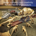 Close-up of a dinosaur fossil-themed race track set with a large Triceratops skeleton centerpiece surrounded by smaller dinosaur fossil figures, cars on raised tracks, and miniature flags, encouraging imaginative and educational play.