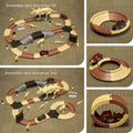 Multiple configurations of a dinosaur fossil race track set shown on a carpeted floor, featuring interchangeable layouts with curved tracks, bridges, and a large Triceratops fossil centerpiece; includes toy dinosaur figures and cars demonstrating various assembly scenarios and looped track formations.
