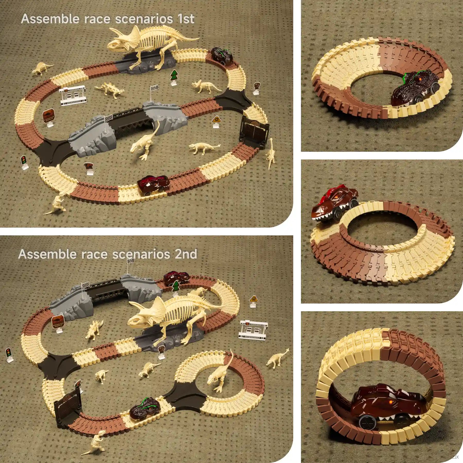 Multiple configurations of a dinosaur fossil race track set shown on a carpeted floor, featuring interchangeable layouts with curved tracks, bridges, and a large Triceratops fossil centerpiece; includes toy dinosaur figures and cars demonstrating various assembly scenarios and looped track formations.