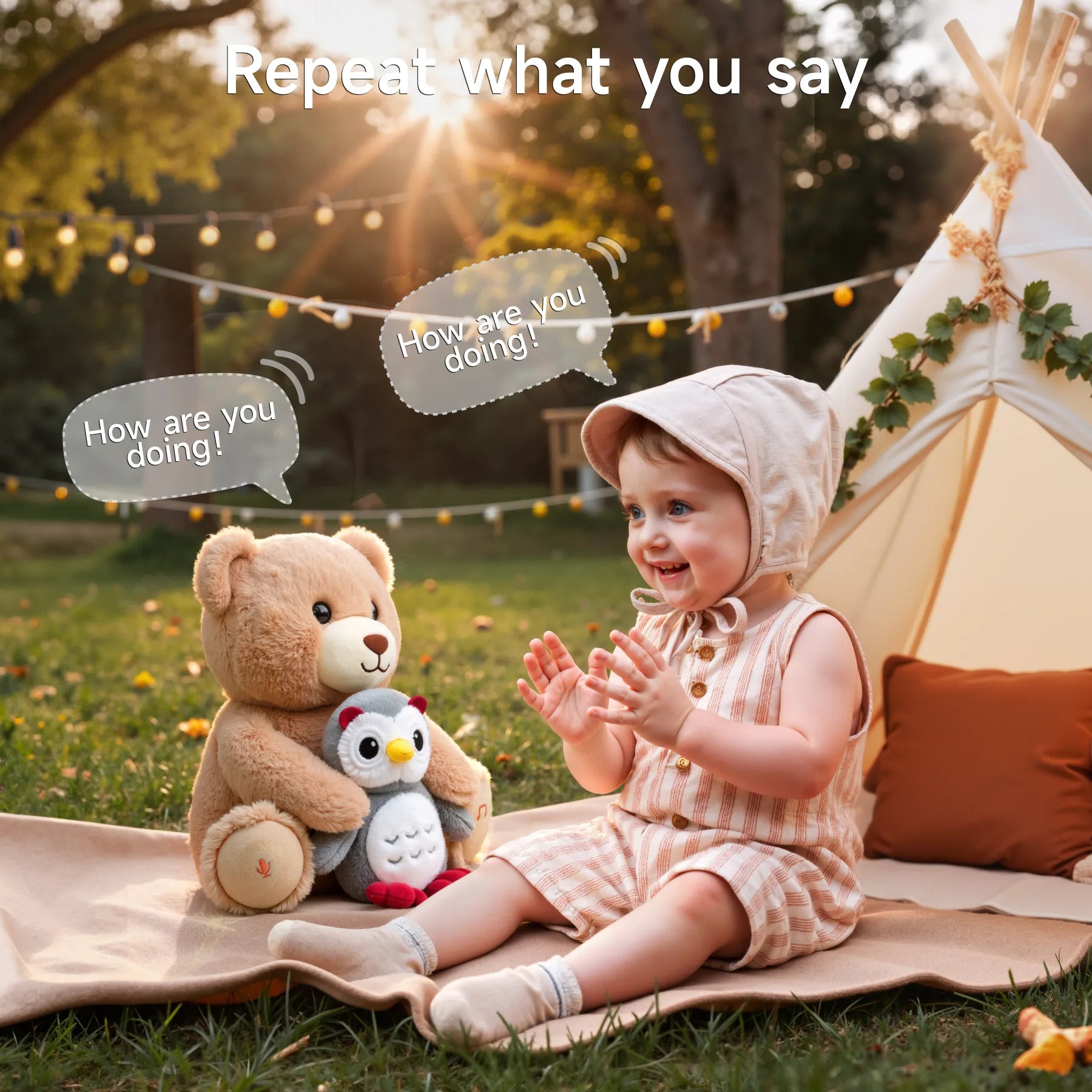 Plush teddy bear and owl toy demonstrating musical interaction; the bear sways its head and holds the owl, with musical notes and icons showing features like songs, voice recording, body swaying, and soft touch.