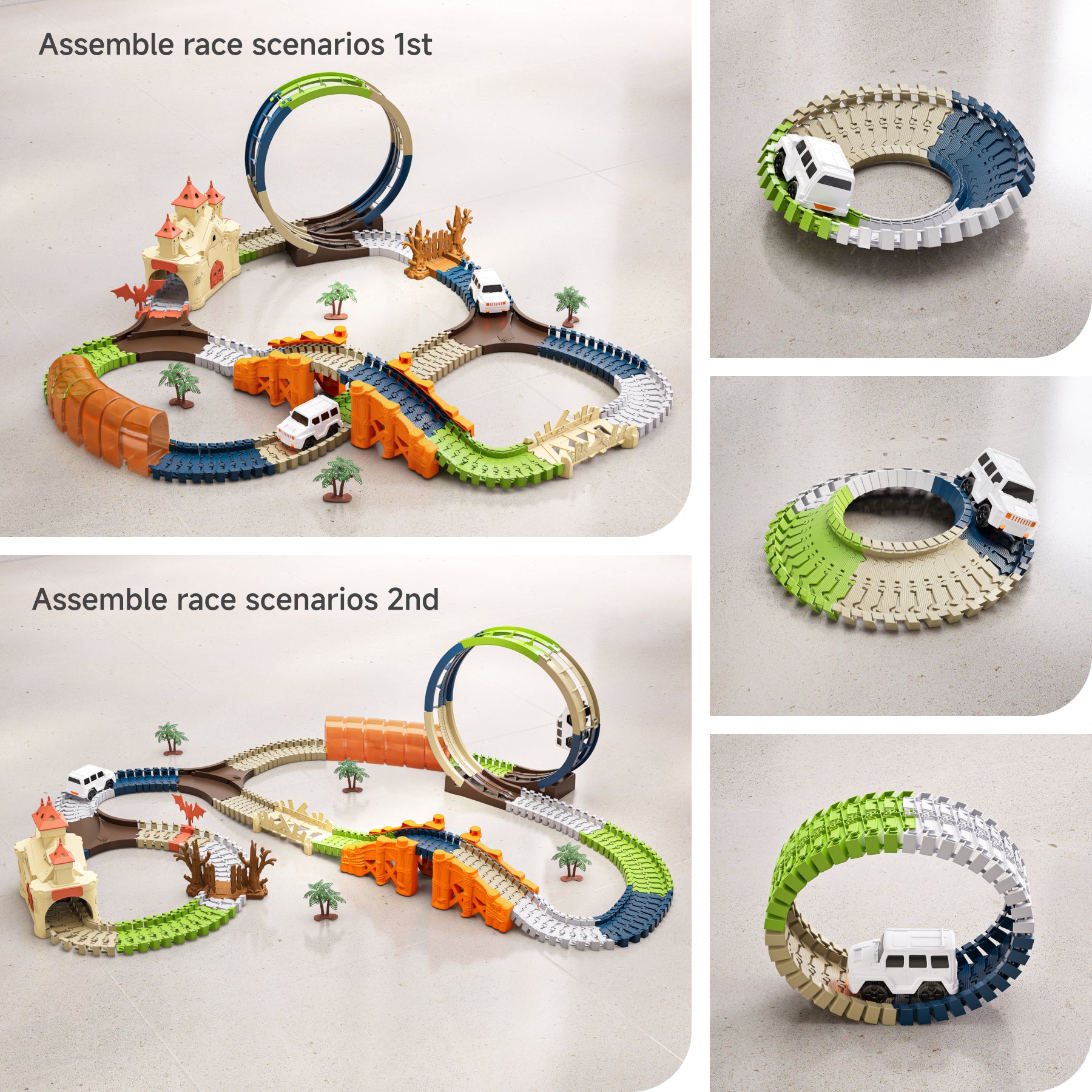 Race Track Toy Set for Kids Multiple assembly options：Assemble race scenarios 1st、Assemble race scenarios 2nd