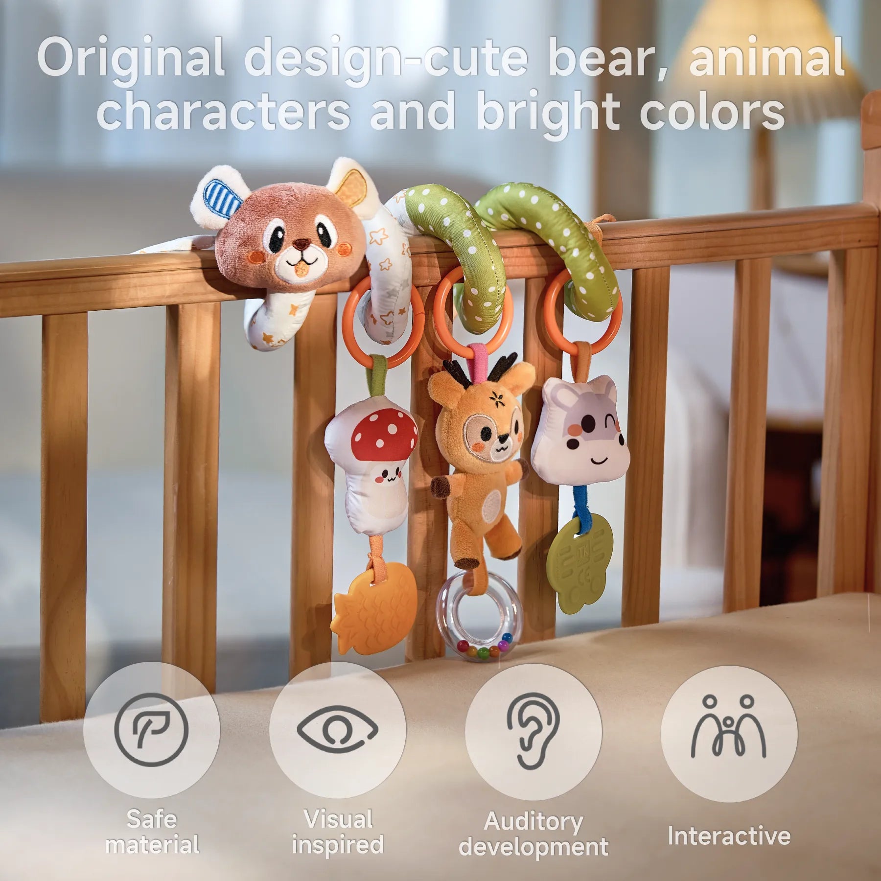 Bear Spiral Activity Toy – Sensory Development Hanging Toys is mounted in the crib